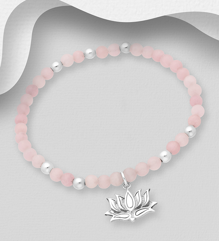 781-6026 - Wholesale 925 Sterling Silver Lotus Elastic Bracelet, Beaded with Rose Quartz 