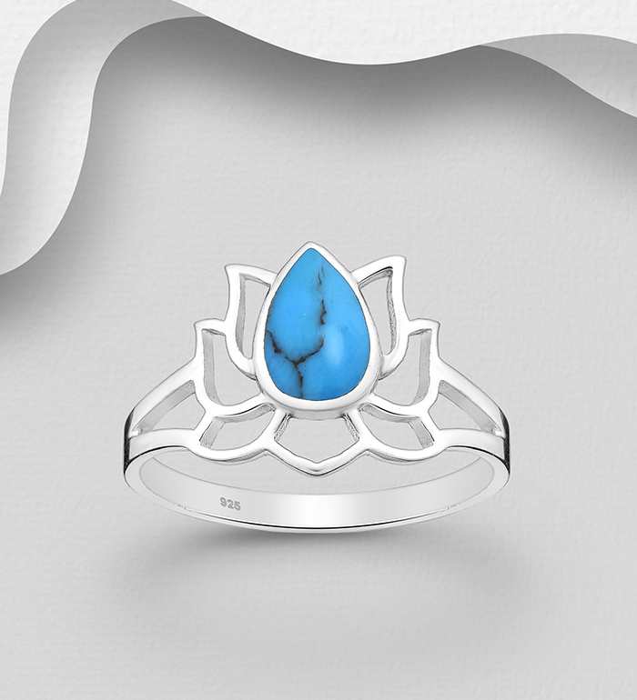 781-6180 - 925 Sterling Silver Lotus Ring, Decorated with Reconstructed Turquoise 