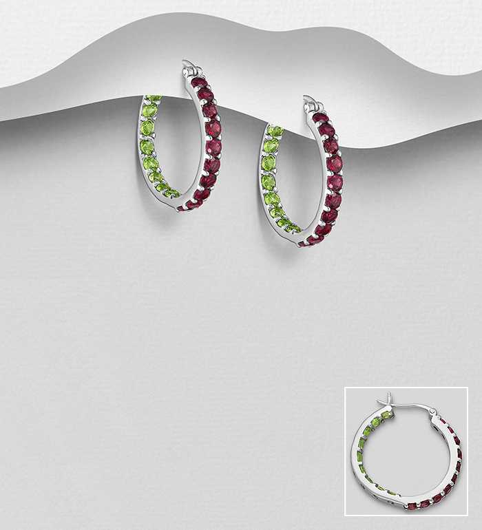 1181-3409 - La Preciada - 925 Sterling Silver Hoop Earrings, Decorated with Various Gemstones 