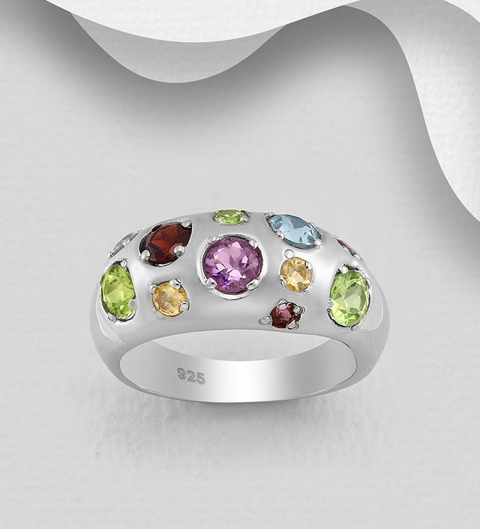 1181-3456 - La Preciada - 925 Sterling Silver Band Ring, Decorated with Amethysts, Citrines, Garnets, Peridots and Sky-Blue Topaz 