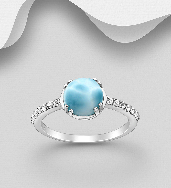1181-3525 - La Preciada - 925 Sterling Silver Ring, Decorated with CZ Simulated Diamonds and Larimar 
