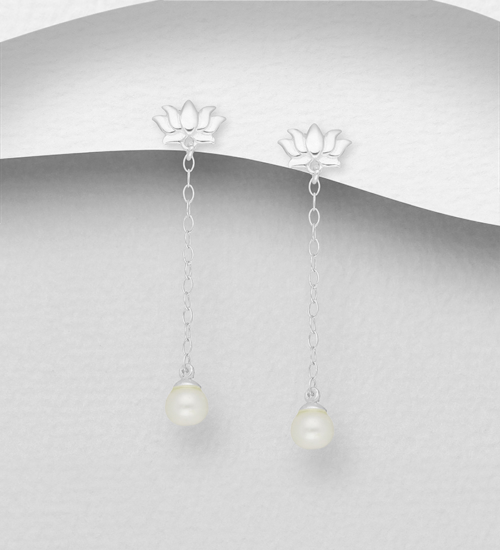 1063-2596 - 925 Sterling Silver Lotus Push-Back Earrings, Decorated with Freshwater Pearls