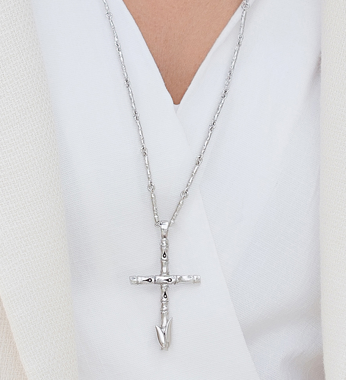 33-0012 - Italian Craftmanship - Large Bamboo Cross Pendant Necklace with 70 cm Handcrafted Chain in Sterling Silver