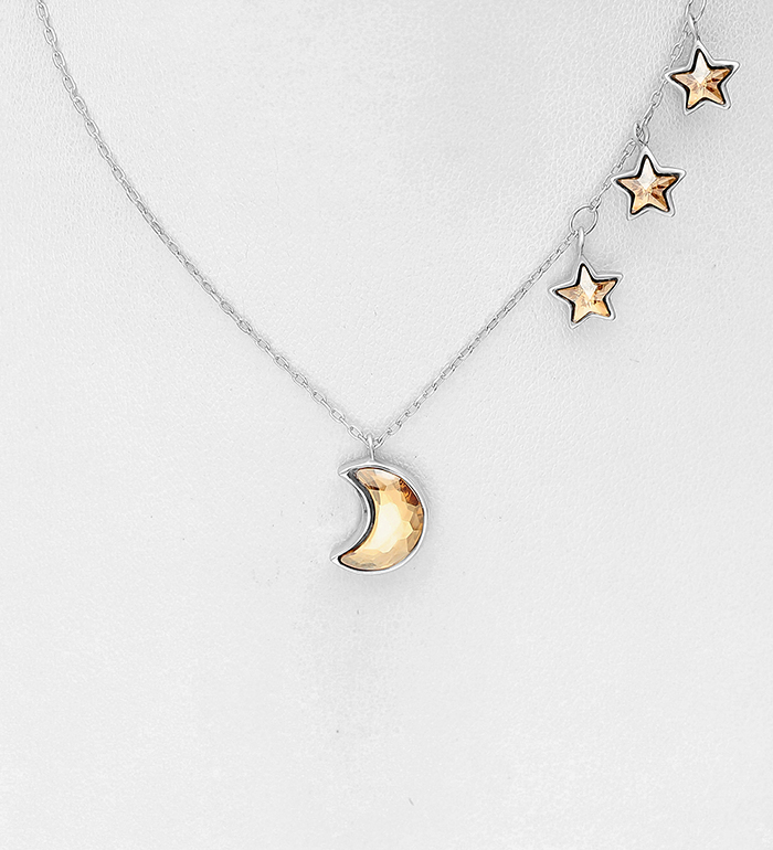 1583-439 - Sparkle by 7K - 925 Sterling Silver Necklace Featuring Moon and Star Decorated with Fine Austrian Crystal