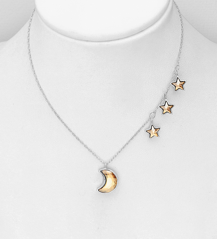 1583-439 - Sparkle by 7K - 925 Sterling Silver Necklace Featuring Moon and Star Decorated with Fine Austrian Crystal
