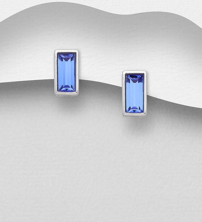 1583-452 - Sparkle by 7K - Wholesale 925 Sterling Silver Rectangle Push-Back Earrings Decorated with Fine Austrian Crystal