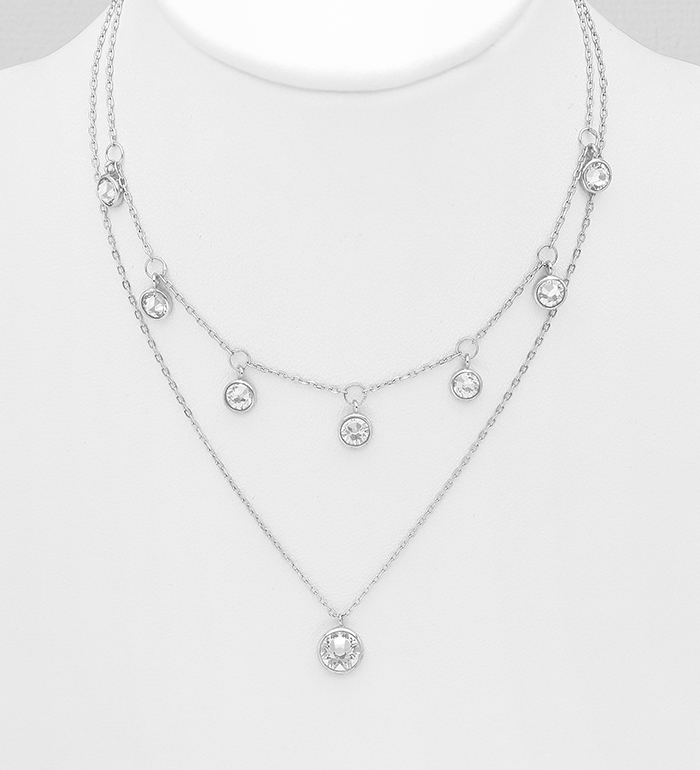 1583-454 - Sparkle by 7K - 925 Sterling Silver Layered Dangle Necklace Decorated with Fine Austrian Crystal