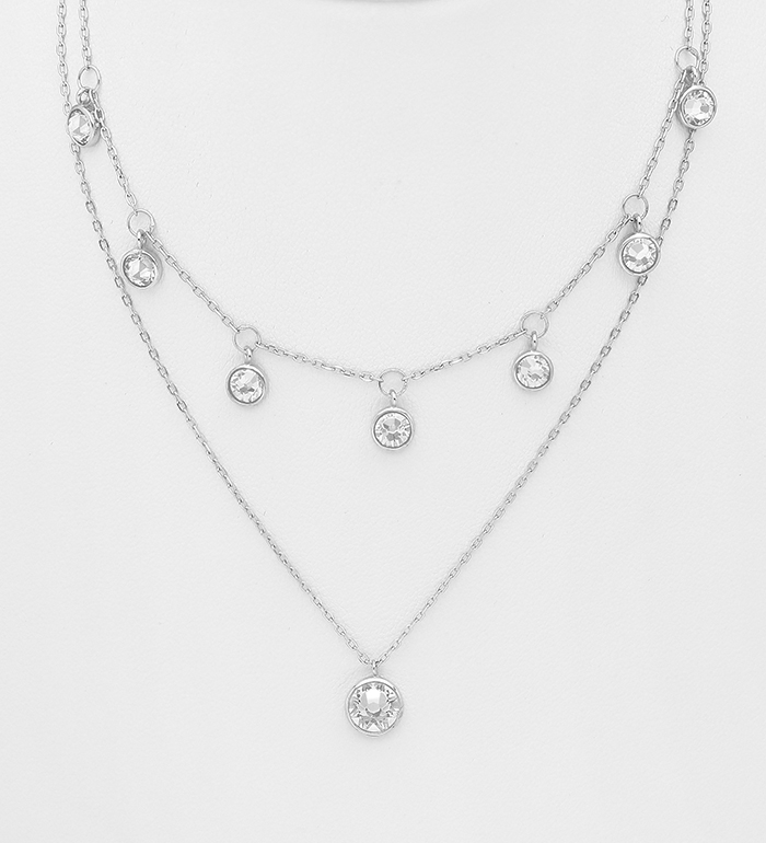 1583-454 - Sparkle by 7K - 925 Sterling Silver Layered Dangle Necklace Decorated with Fine Austrian Crystal