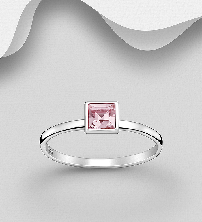 1583-464 - Sparkle by 7K - 925 Sterling Silver Square Ring Decorated with Fine Austrian Crystal