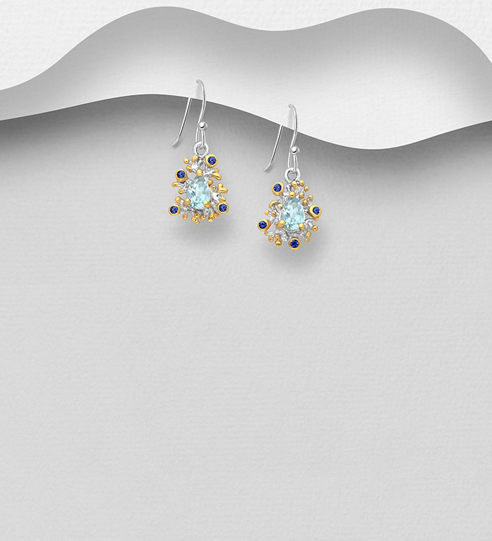 1916-12 - ADIORE JEWELS - 925 Sterling Silver Hook Earrings Decorated with Blue Sapphires and Sky-Blue Topaz, Plated with 3 Micron 22K Yellow Gold and White Rhodium