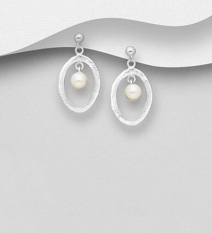 1916-11 - ADIORE JEWELS - 925 Sterling Silver Push-Back Oval Earrings Decorated with Freshwater Pearls, Plated with 3 Micron 22K Yellow Gold and White Rhodium