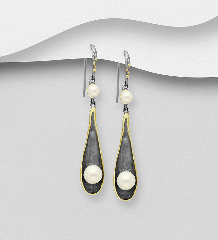 1916-13 - ADIORE JEWELS - 925 Sterling Silver Hook Earrings Decorated with Freshwater Pearls, Plated with 3 Micron 22K Yellow Gold and Grey Ruthenium