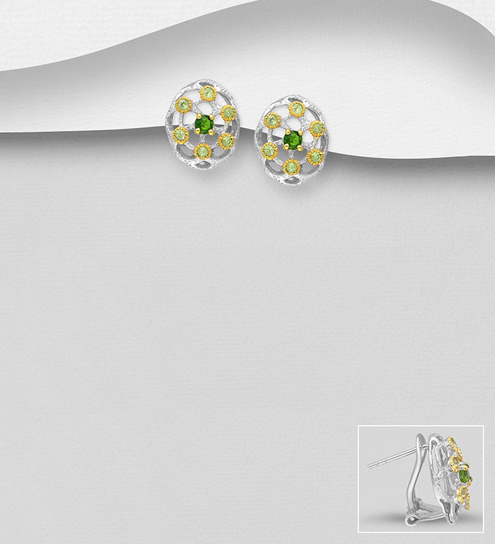 1916-14 - ADIORE JEWELS - 925 Sterling Silver Omega Lock Earrings Decorated with Chrome Diopside and Peridots, Plated with 3 Micron 22K Yellow Gold and White Rhodium