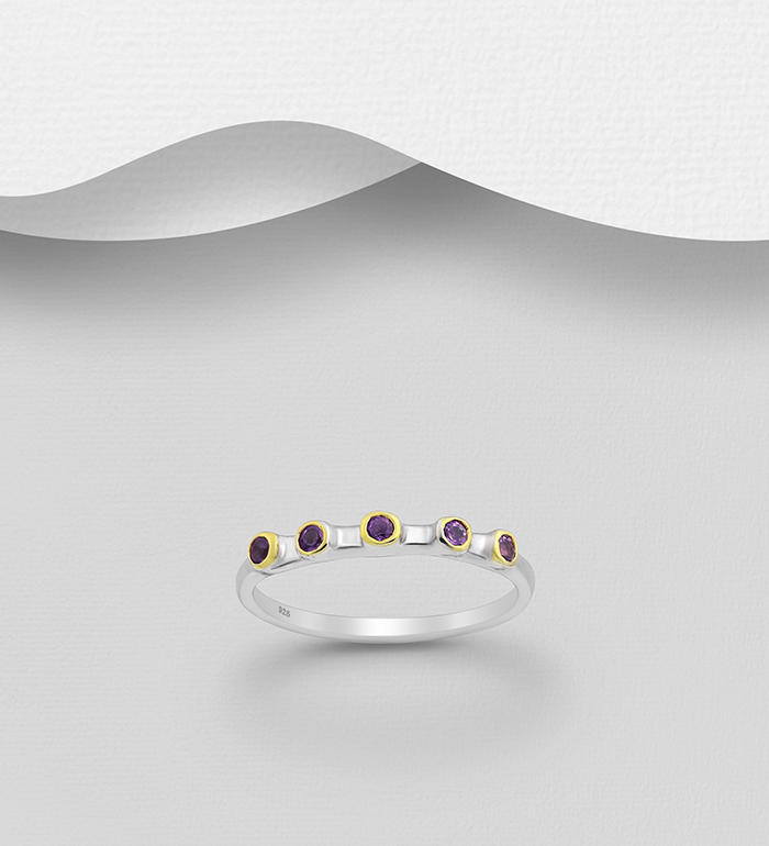 1916-30 - ADIORE JEWELS - 925 Sterling Silver Ring Decorated with Amethysts, Plated with 3 Micron 22K Yellow and White Rhodium