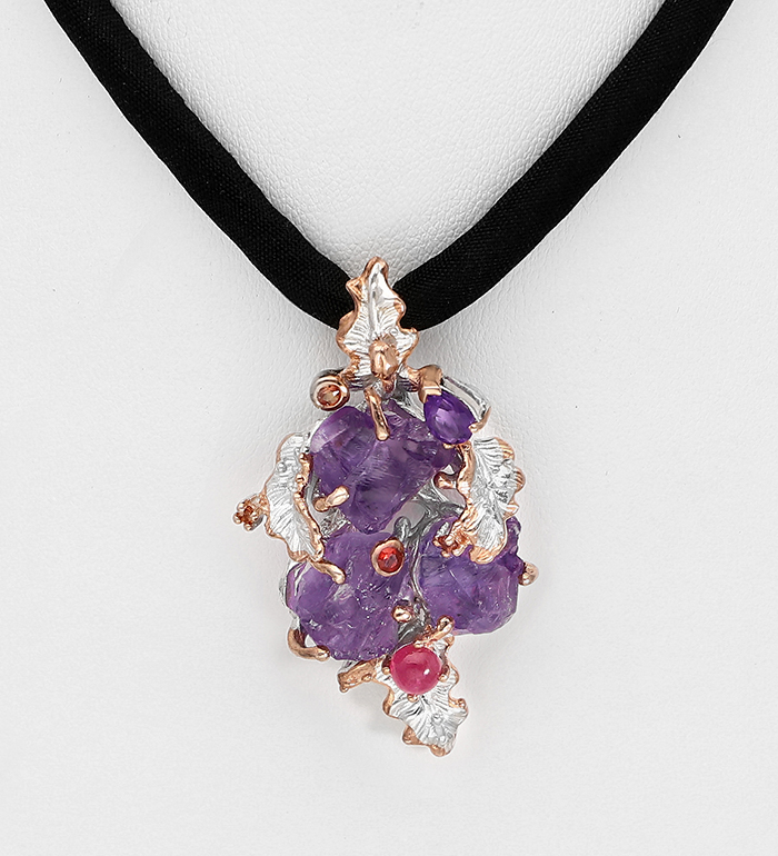 1916-84 - ADIORE JEWELS - Wholesale 925 Sterling Silver Leaf Pendant with Cotton Filled Silk Cord Strap, Decorated with Amethyst, Orange Sapphires, Red Sapphire and Ruby, Plated with 3 Micron 22K Pink Gold and White Rhodium