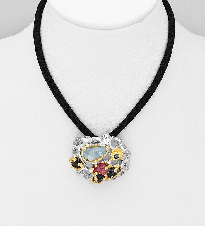 1916-82 - ADIORE JEWELS - 925 Sterling Silver Pendant with Cotton Filled Silk Cord Strap, Decorated with Aquamarine, Ruby, Blue Sapphire and London Blue Topaz, Plated with 3 Micron 22K Yellow Gold and White Rhodium