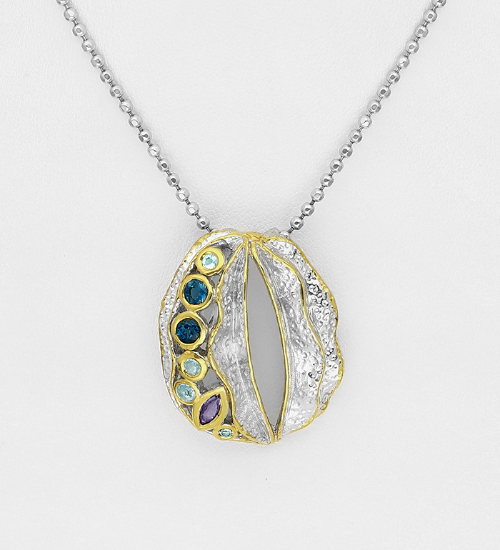 1916-75 - ADIORE JEWELS - 925 Sterling Silver Necklace Decorated with London Blue Topaz, Sky-Blue Topaz and Tanzanites, Plated with 3 Micron 22K Yellow Gold and White Rhodium