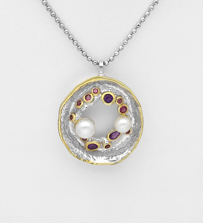 1916-76 - ADIORE JEWELS - 925 Sterling Silver Necklace Decorated with Freshwater Pearls, Amethysts and Rhodolites, Plated with 3 Micron 22K Yellow Gold and White Rhodium