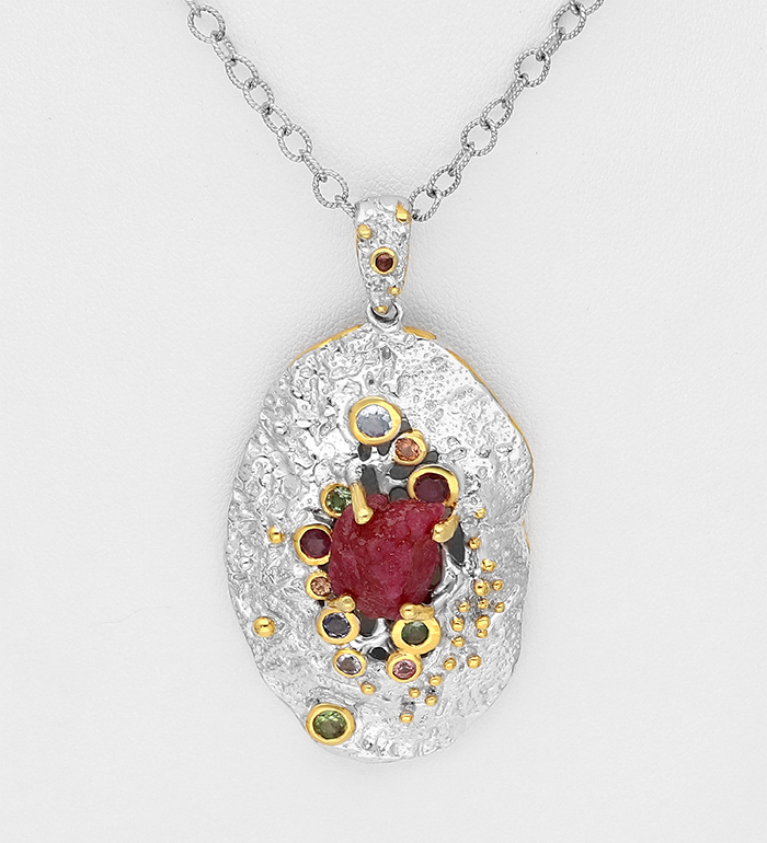 1916-83 - ADIORE JEWELS - Wholesale 925 Sterling Silver Necklace Decorated with Green Sapphires, Light blue Sapphires, Orange Sapphires, Pink Sapphire, Amethyst and Ruby, Plated with 3 Micron 22K Yellow Gold and White Rhodium