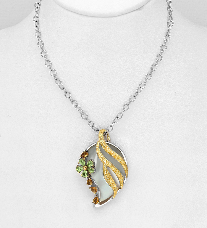 1916-77 - ADIORE JEWELS - Wholesale 925 Sterling Silver Flower Necklace Decorated with Shell, Citrines and Peridots, Plated with 3 Micron 22K Yellow Gold and White Rhodium