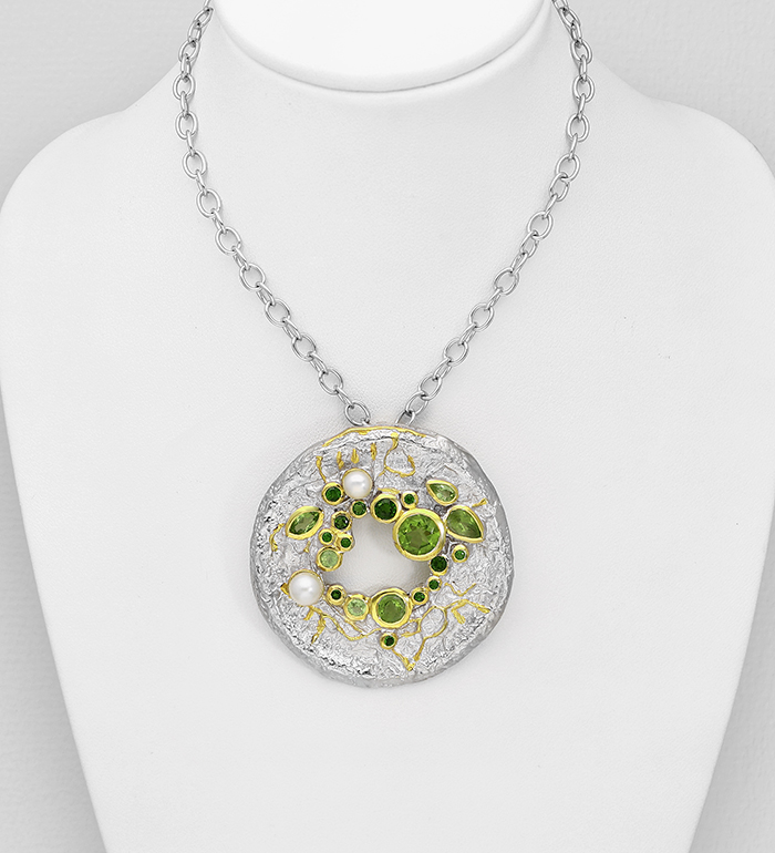 1916-78 - ADIORE JEWELS - 925 Sterling Silver Necklace Decorated with Freshwater Pearls, Chrome Diopsides and Peridots, Plated with 3 Micron 22K Yellow Gold and White Rhodium