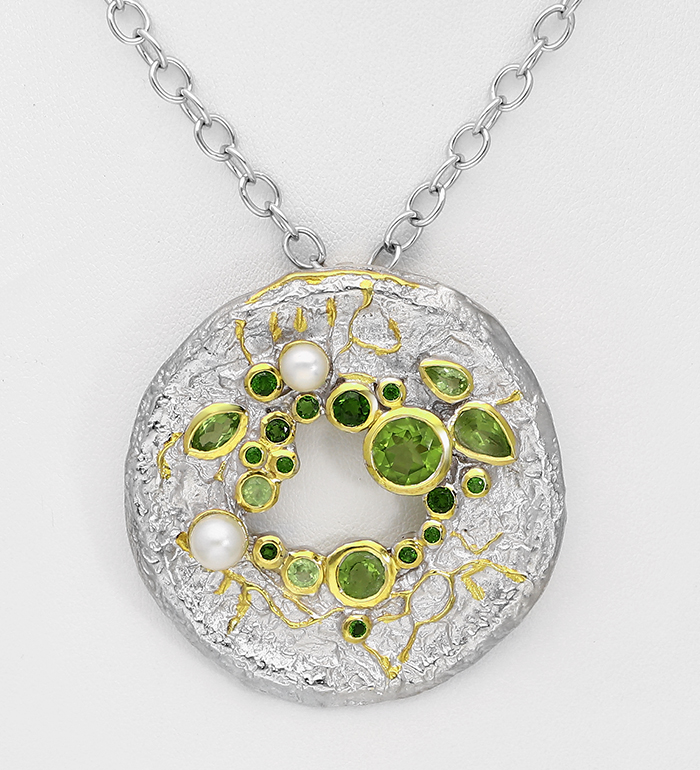 1916-78 - ADIORE JEWELS - Wholesale 925 Sterling Silver Necklace Decorated with Freshwater Pearls, Chrome Diopsides and Peridots, Plated with 3 Micron 22K Yellow Gold and White Rhodium
