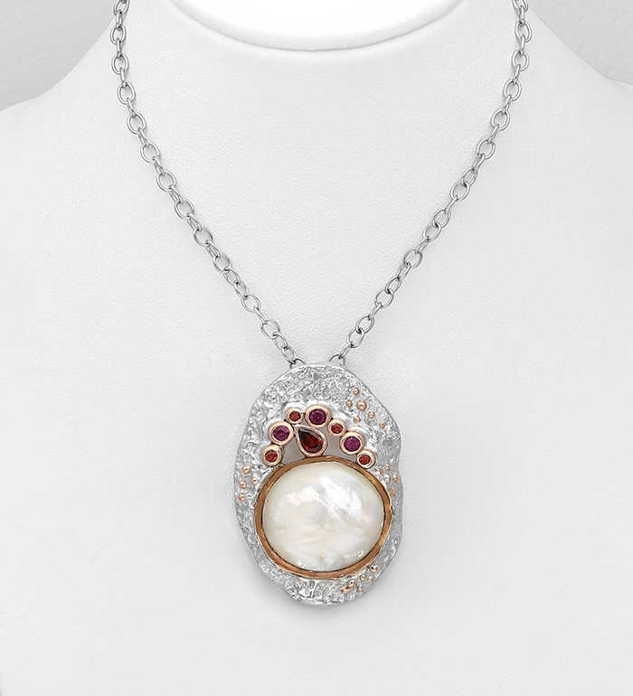 1916-80 - ADIORE JEWELS - 925 Sterling Silver Necklace Decorated with Shell, Garnets and Rhodolite, Plated with 3 Micron 22K Pink Gold and White Rhodium