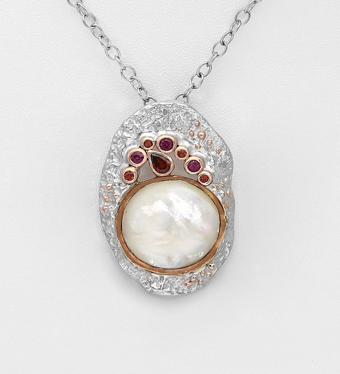1916-80 - ADIORE JEWELS - 925 Sterling Silver Necklace Decorated with Shell, Garnets and Rhodolite, Plated with 3 Micron 22K Pink Gold and White Rhodium