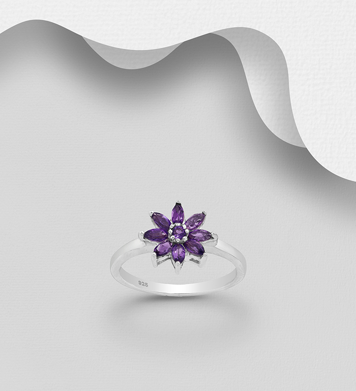 1181-3721 - La Preciada - 925 Sterling Silver Flower Ring Decorated with Amethyst