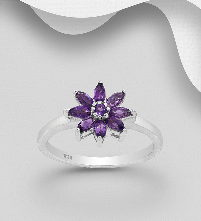 1181-3721 - La Preciada - Wholesale 925 Sterling Silver Flower Ring Decorated with Amethyst