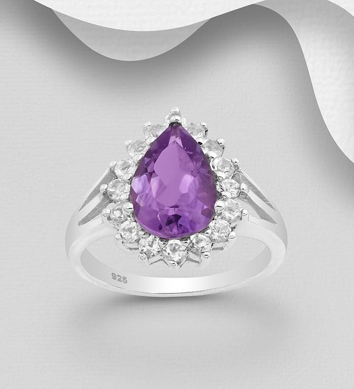 1181-3737 - La Preciada - 925 Sterling Silver Droplet Halo Ring Decorated with Various Gemstones