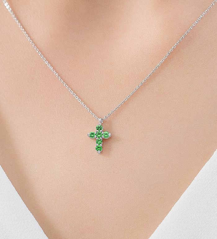 33-0031 - Wholesale Cross Necklace in 18K White Gold, Decorated with Tsavorite.