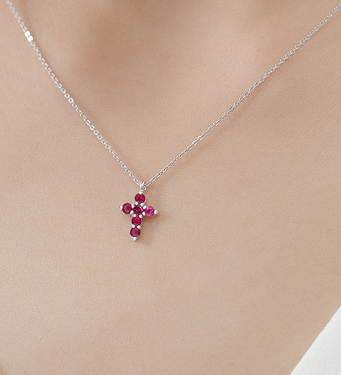 33-0032 - Wholesale Cross Necklace in 18K White Gold, Decorated with Ruby.