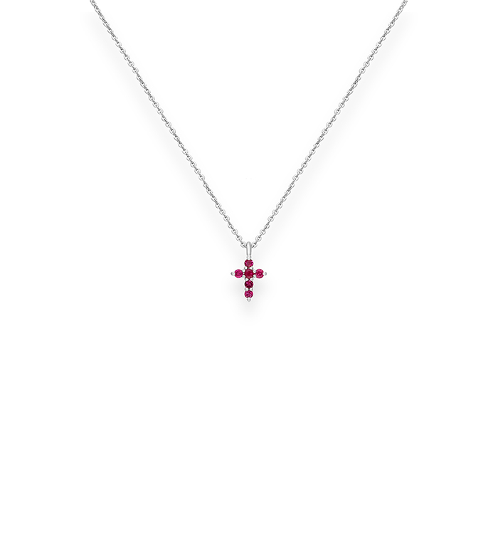 33-0033 - Baby Cross Necklace in 18K White Gold, Decorated with Ruby.
