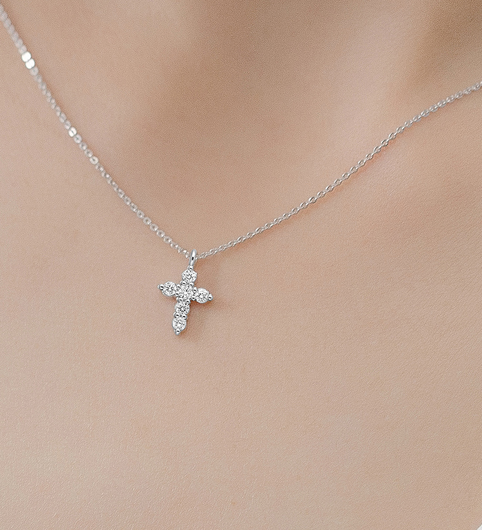 33-0034 - Baby Cross Necklace in 18K White Gold, Decorated with Diamonds.