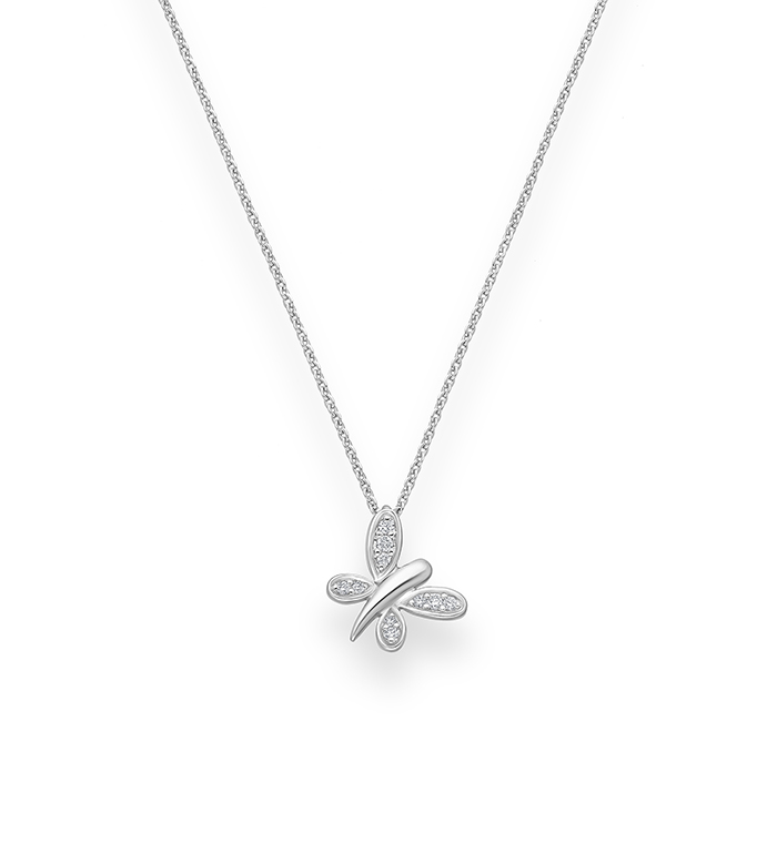 33-0042 - Wholesale Butterfly Necklace in 18K White Gold, Decorated with Diamonds.