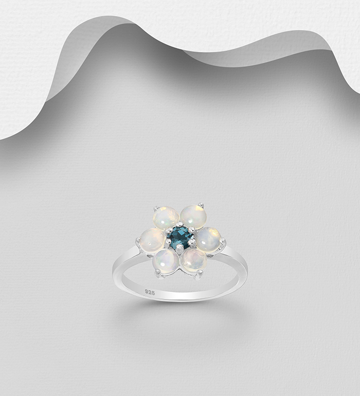 1181-3748 - La Preciada - 925 Sterling Silver Flower Ring, Decorated with London Blue Topaz and Ethiopian Opals 