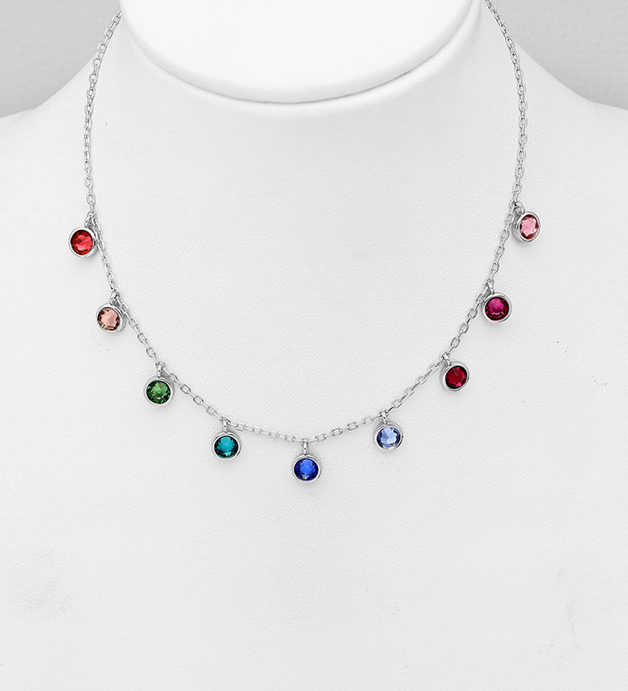 1583-474 - Sparkle by 7K - 925 Sterling Silver Dangle Necklace, Decorated with Colorful Fine Austrian Crystals, Colors may vary.