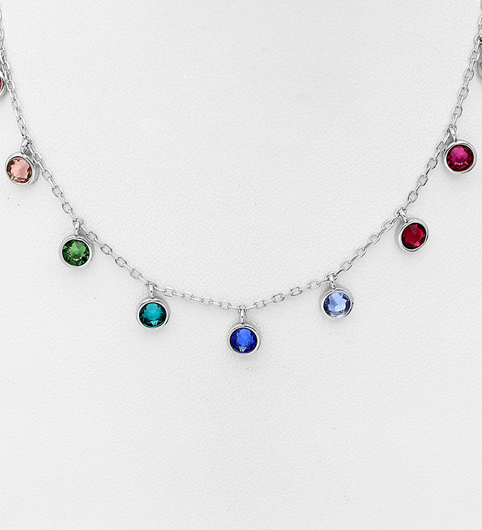 1583-474 - Sparkle by 7K - 925 Sterling Silver Dangle Necklace, Decorated with Colorful Fine Austrian Crystals, Colors may vary.