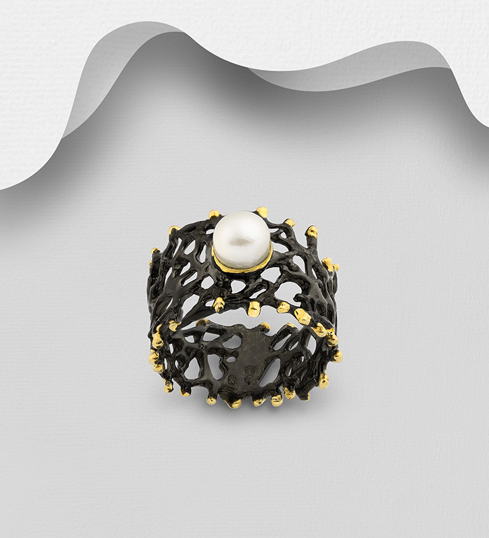 1916-111 - ADIORE JEWELS - 925 Sterling Silver Ring, Decorated with Freshwater Pearl, Plated with 3 Micron 22K Yellow Gold and Black Rhodium