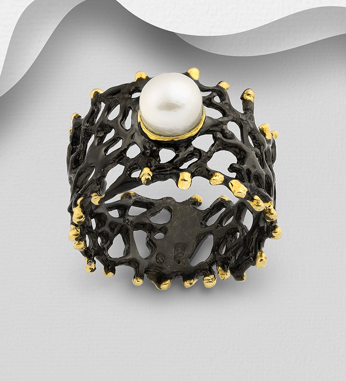 1916-111 - ADIORE JEWELS - Wholesale 925 Sterling Silver Ring, Decorated with Freshwater Pearl, Plated with 3 Micron 22K Yellow Gold and Black Rhodium