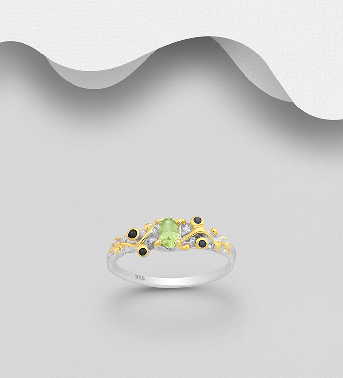 1916-107 - ADIORE JEWELS - 925 Sterling Silver Ring, Decorated with Blue Sapphires and Peridot, Plated with 3 Micron 22K Yellow Gold and White Rhodium