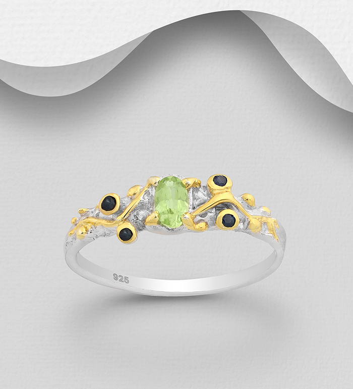 1916-107 - ADIORE JEWELS - 925 Sterling Silver Ring, Decorated with Blue Sapphires and Peridot, Plated with 3 Micron 22K Yellow Gold and White Rhodium