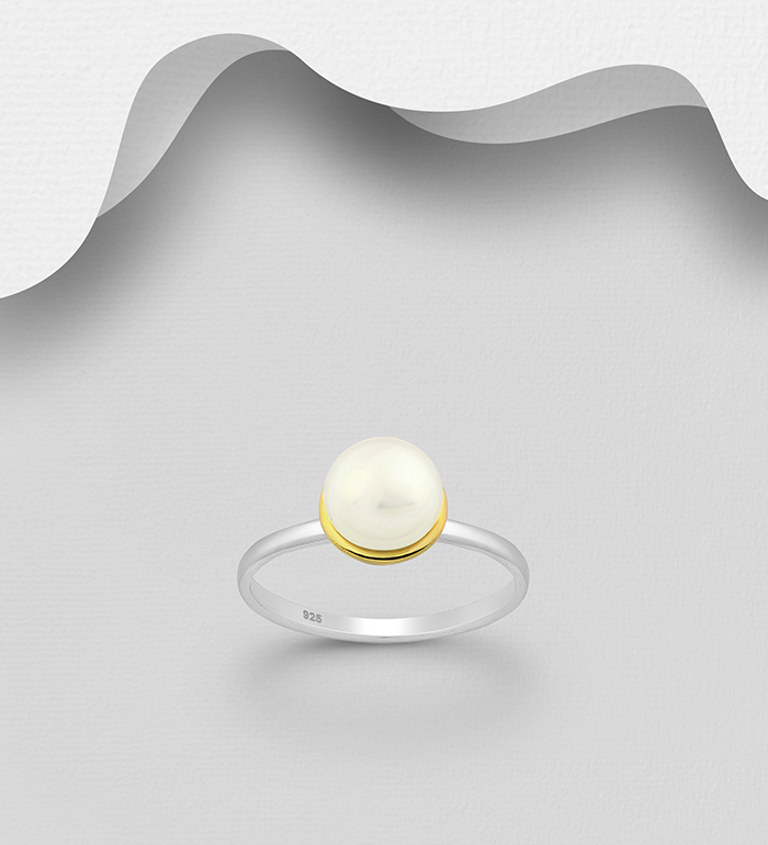 1916-113 - ADIORE JEWELS - 925 Sterling Silver Ring, Decorated with Freshwater Pearl, Plated with 3 Micron 22K Yellow Gold and White Rhodium