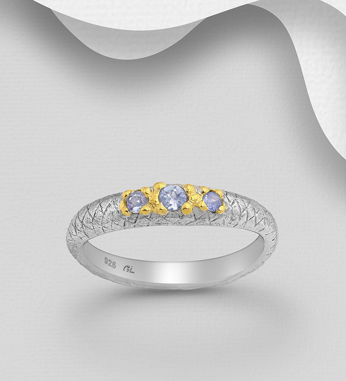 1916-114 - ADIORE JEWELS - Wholesale 925 Sterling Silver Ring, Decorated with Tanzanites, Plated with 3 Micron 22K Yellow Gold and White Rhodium