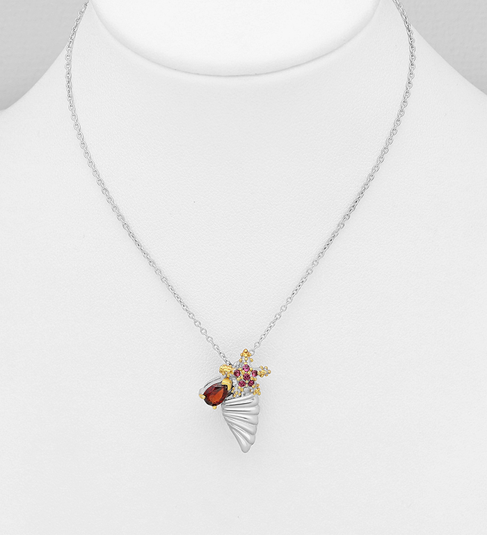 1916-117 - ADIORE JEWELS - Wholesale 925 Sterling Silver Shell and Starfish Necklace, Decorated with Garnet and Rhodolites, Plated with 3 Micron 22K Yellow Gold and White Rhodium