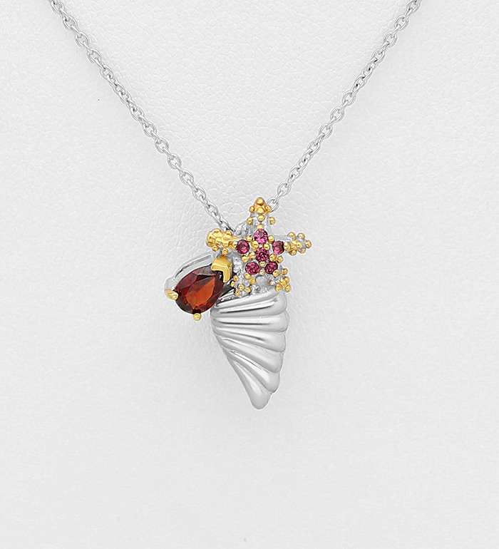 1916-117 - ADIORE JEWELS - 925 Sterling Silver Shell and Starfish Necklace, Decorated with Garnet and Rhodolites, Plated with 3 Micron 22K Yellow Gold and White Rhodium