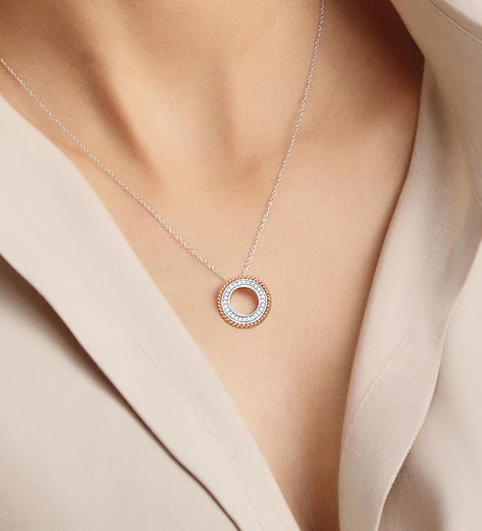 33-0035 - Wholesale Mini Two Tone Circle of Life Necklace in 18K White and Rose Gold, Decorated with Diamonds.