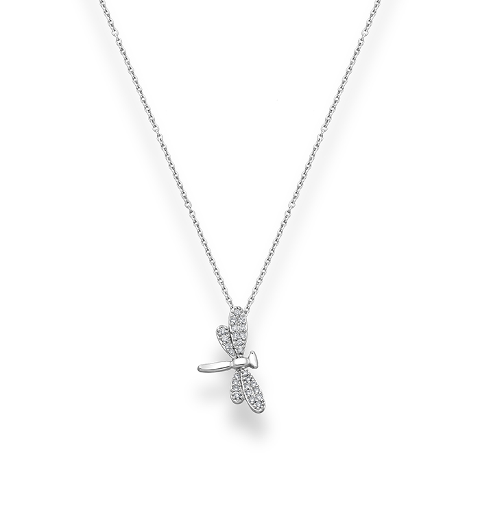 33-0036 - Wholesale Dragonfly Necklace in 18K White Gold, Decorated with Diamonds.