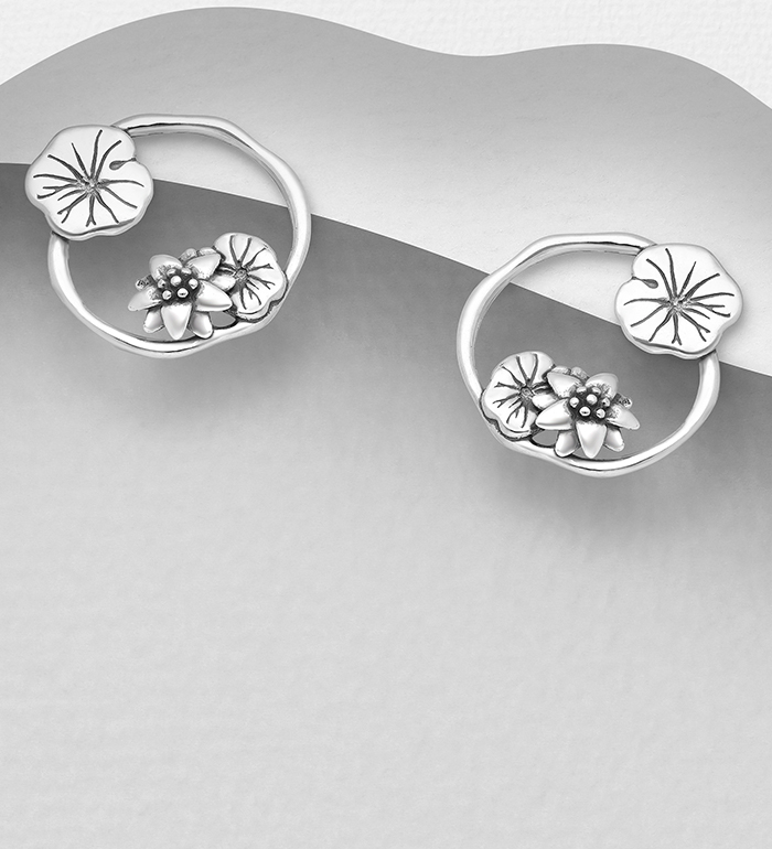 1063-2788 - 925 Sterling Silver Oxidized Lotus and Leaf Push-Back Earrings